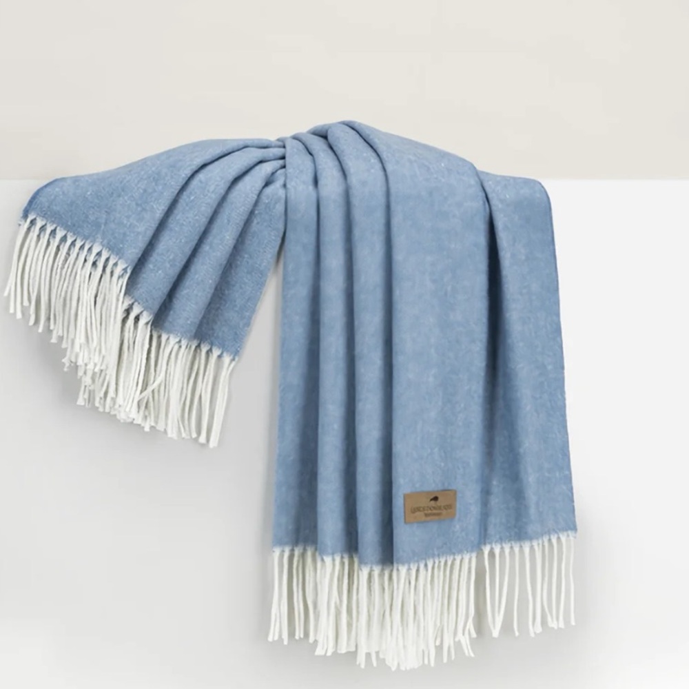 Lands Downunder Italian Herringbone Throw Chambray Cotton Blend w/ Fringe Blue